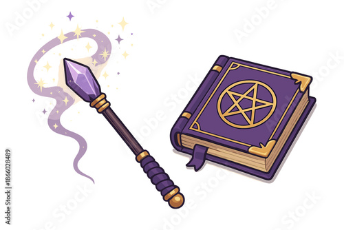 Mystical Magic Wand and Spellbook with Pentagram