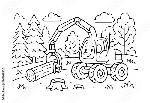 Forest Machines Coloring. Machines in the forest children?s coloring book illustration, outlined drawing, gentle-looking cartoon forestry machine working
