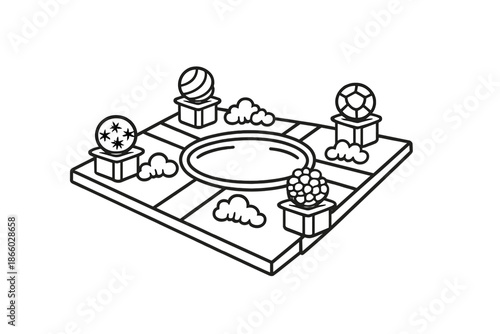 Abstract game board with decorative spheres and clouds