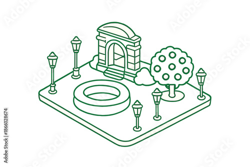 Isometric park scene with archway, tree, and fountain