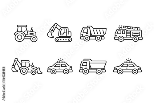 Set of 8 simple line art vehicles on a gradient background