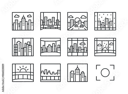 Skybridge Icon Set. Skybridge views. Line icon set of Skybridge views: skyline view, aerial cityscape, sunset over buildings, traffic below, building