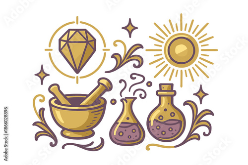 Alchemy Symbols and Potion Bottles on Golden Background
