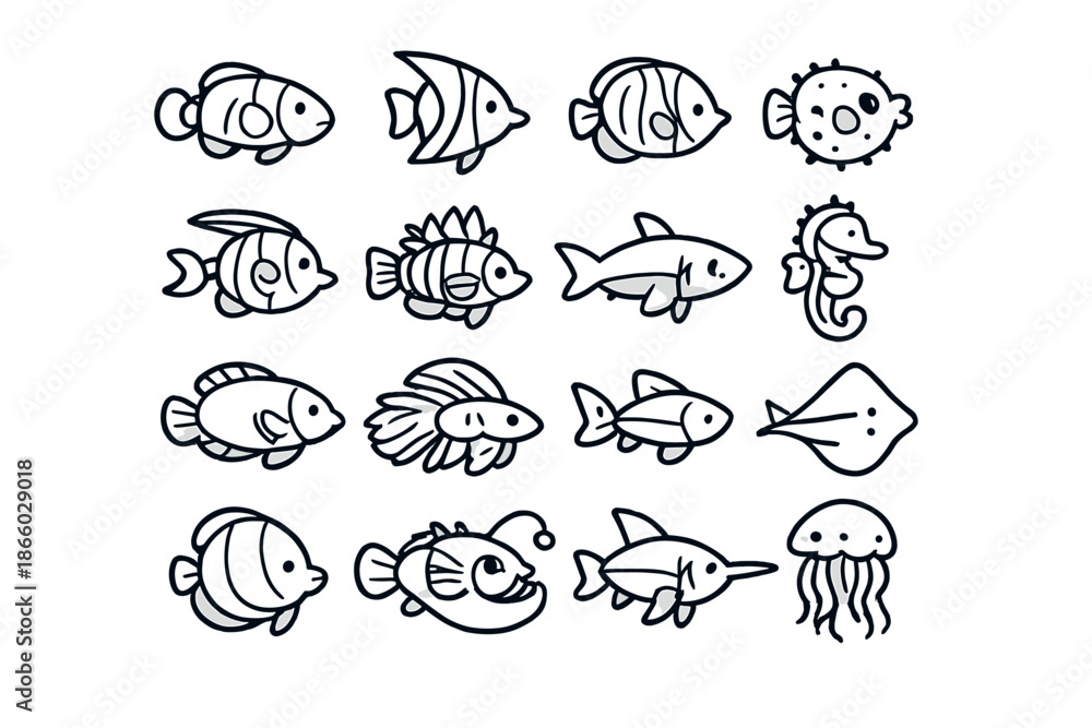 Fototapeta premium Cute hand-drawn collection of various sea creatures on a gray background
