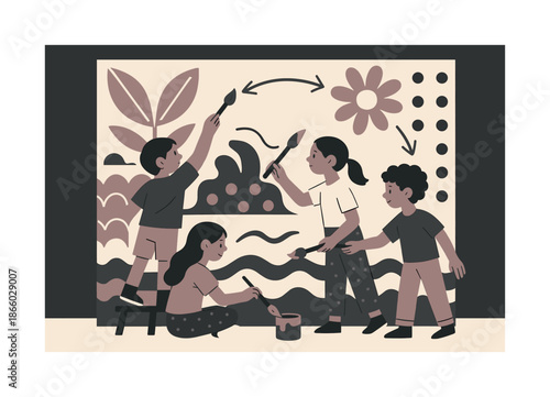 Children's Mural Collaboration. Art collaboration. A group of children work together on a giant mural, passing brushes and adding patterns as arrows show