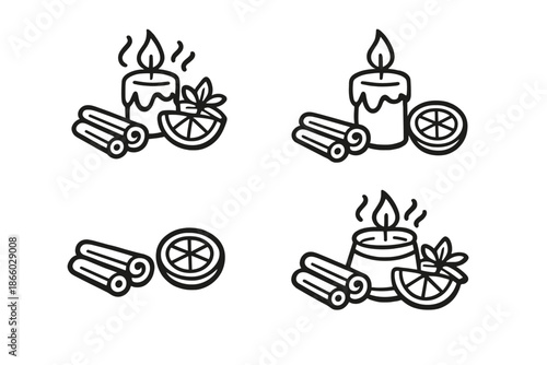 Aromatherapy candle with citrus and cinnamon icons