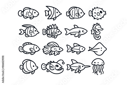 Cute hand-drawn collection of various sea creatures on a gray background