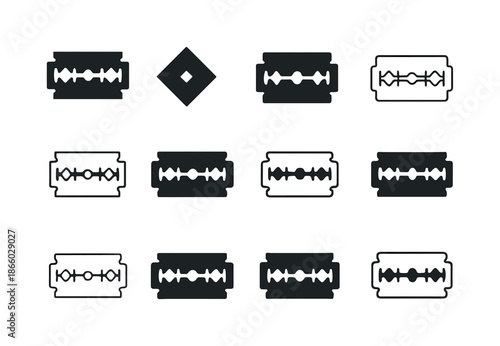 Sharp Tool Icons. Sharp tools. Icon set. Set Logo of sharp tools: razor blade. harmonious logo variations of the same emblematic concept, each with different