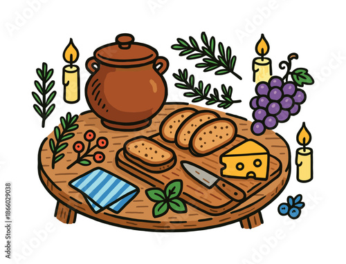 Rustic Table Feast. Rustic Meal Setting. Colorful Hand-drawn doodle Children illustration clay pot, wooden table, bread slices, cheese, grapes, herbs, wooden