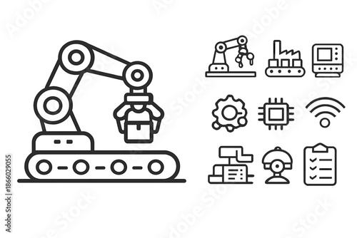 Industrial Robot Arm with Conveyor Belt and Icons
