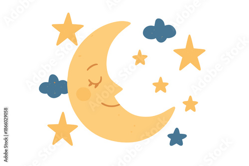 Cute sleeping crescent moon with stars and clouds