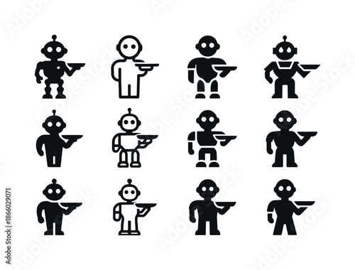 Home Robotics Logos. Home Robotics. Icon set. Set Logo of Home Robotics: humanoid assistant robot holding a tray. harmonious logo variations of the same