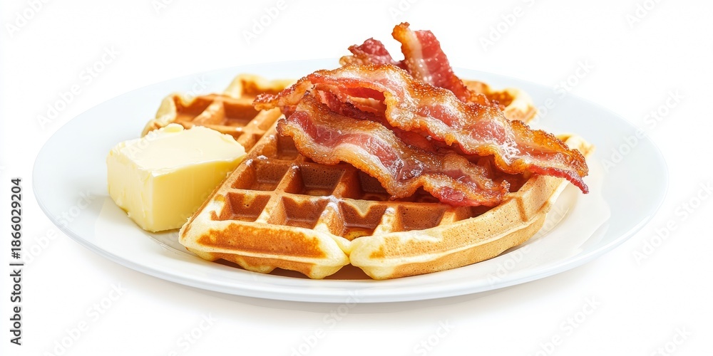 Fototapeta premium A plate of fluffy waffles topped with crispy bacon strips on a white surface.