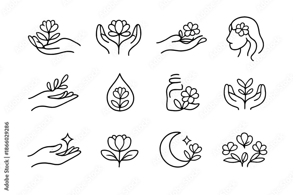 Fototapeta premium Collection of Hand-Drawn Nature Icons with Flowers and Plants