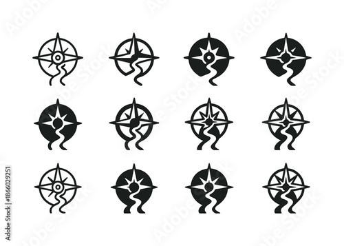 Leadership Integrity Icons. Integrity in Leadership. Icon set. Set Logo of Integrity in Leadership: compass and path. harmonious logo variations of the same