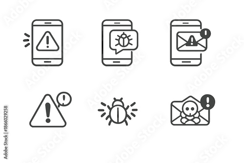 Cybersecurity Icons: Warning, Bug, Spam Email