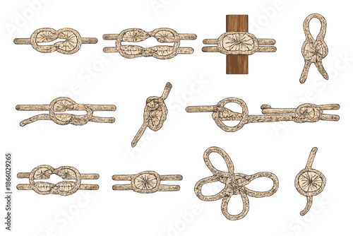 Collection of various knots tied from rope
