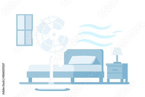 Cooling fan blowing air in a bedroom