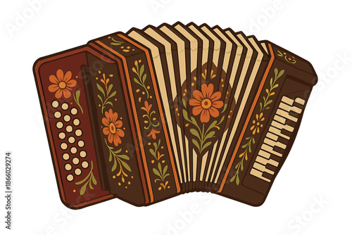 Accordion with Floral Decoration on a Gray Background