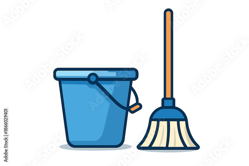 Blue bucket and broom on a dark background