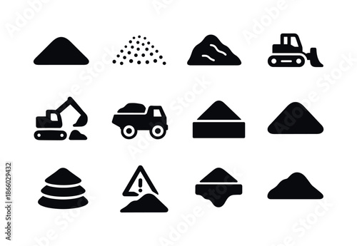 Construction Mound Icons. Construction mounds. Solid icon set of Construction mounds: dirt mound, gravel mound, sand mound, bulldozer pile, excavator pile,