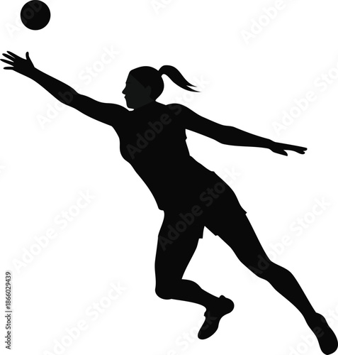 a silhouette of a female athlete reaching for a ball in mid air
