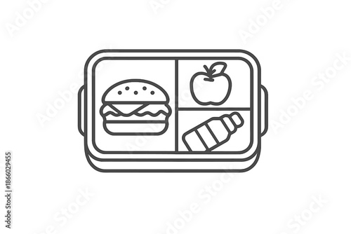 Lunch box with food items, apple and bottle