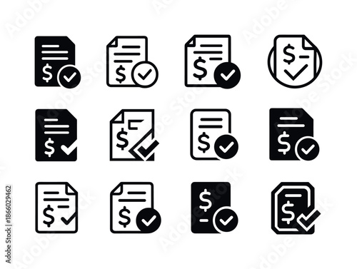 Debt Payment Icons. Paying off debts and credit obligations. Icon set. Set Logo of Paying off debts and credit obligations: loan document. harmonious logo