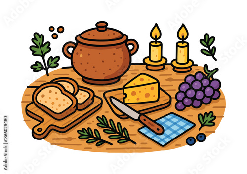 Rustic Table Feast. Rustic Meal Setting. Colorful Hand-drawn doodle Children illustration clay pot, wooden table, bread slices, cheese, grapes, herbs, wooden