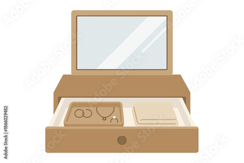 Wooden dresser with open drawer containing jewelry and folded cloth