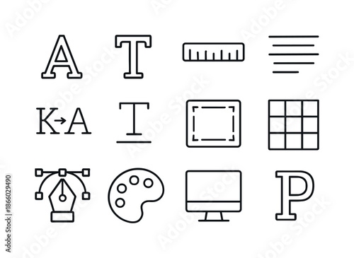 Typography Icon Set. Typography design. Line icon set of Typography design: letter A, font symbol, ruler, text alignment, kerning tool, baseline, text box,