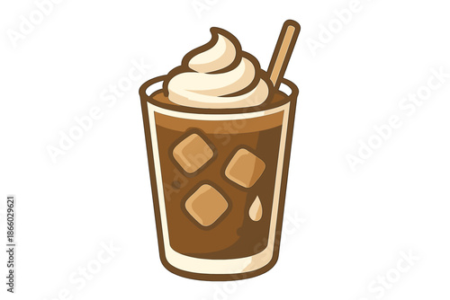 Cartoon iced coffee with whipped cream and straw