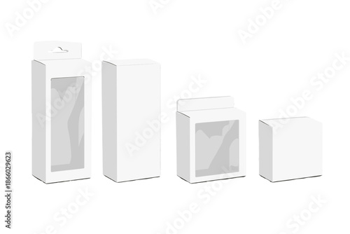 Four white product boxes with clear windows on a gradient background