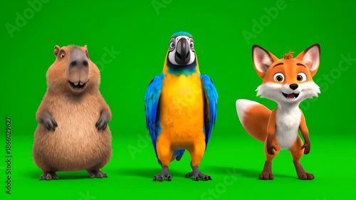Animated Capybara, Macaw, and Fox Dancing on Green Screen