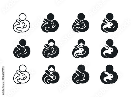 Rabbit Cuddle Icons. Cuddling with a pet rabbit. Icon set. Set Logo of Cuddling with a pet rabbit: rabbit in arms. harmonious logo variations of the same