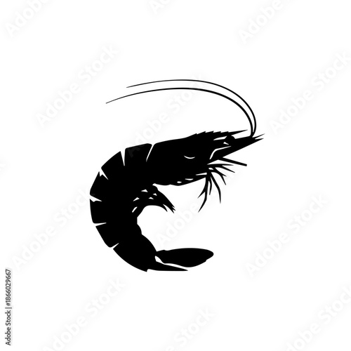 Black silhouette of a shrimp or prawn, depicted in a simple graphic style on a plain white background, showcasing its curved body and antennae.