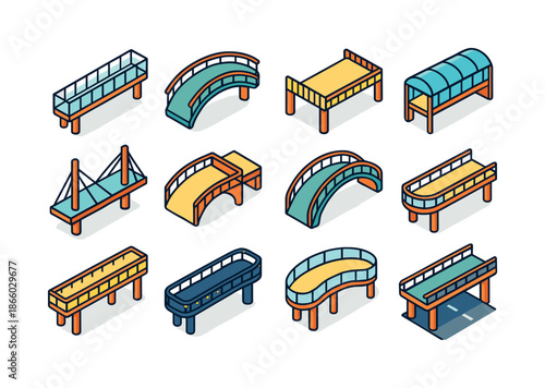 Suspended Pathways Icons. Suspended pathways. Colorful isometric vector icons set of suspended pathways: transparent sky path, curved walkway, long span