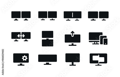 Multiscreen Icon Set. Multiscreen usage. Solid icon set of Multiscreen usage: dual monitor setup, extended display, mirrored display, screen swap arrows,