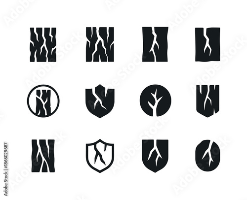 Trunk Logo Variations. Trunk. Icon set. Set Logo of Trunk: rugged bark crack. harmonious logo variations of the same emblematic concept, each with different