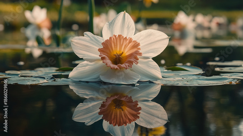 Wallpaper Mural Close-up of a single white and pink daffodil flower reflected in calm water, with soft bokeh background of similar flowers Torontodigital.ca