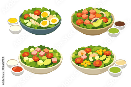 Four isometric salads with various ingredients and dressings