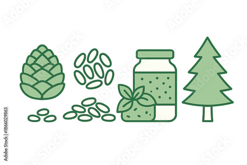 Ingredients for pesto in a line graphic on green background