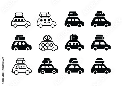 Family Road Trip Icons. Family road trips. Icon set. Set Logo of Family road trips: packed roof box. harmonious logo variations of the same emblematic concept,