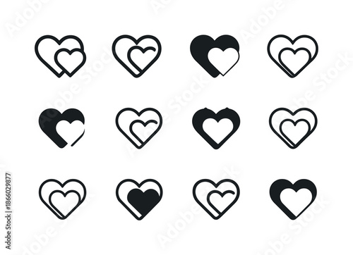 Intertwined Hearts Logos. The act of caring and nurturing loved ones. Icon set. Set Logo of the act of caring and nurturing loved ones: two hearts intertwined.