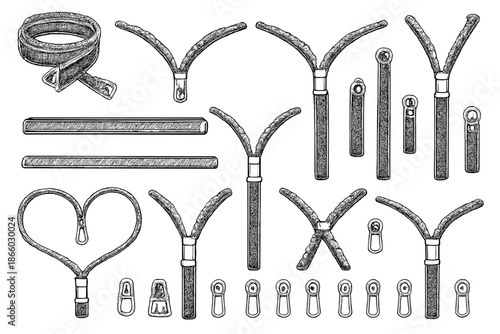Zipper components and belt with buckle, hand-drawn sketch