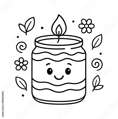 Smiling Candle Coloring Page. Scented candle wax children?s coloring book illustration, outlined drawing, a smiling candle with soft wax layers and simple