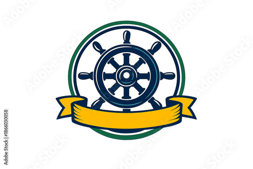 Nautical Ship's Wheel Emblem with Yellow Ribbon