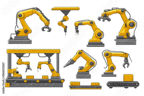 Collection of Yellow Robotic Arms on Conveyor Belts