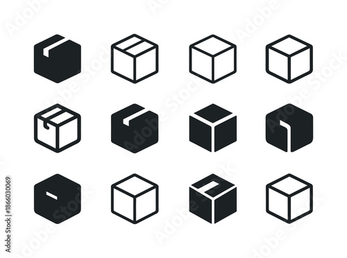 Diverse Icon Variations. Mass. Icon set. Set Logo of mass: cargo box. harmonious logo variations of the same emblematic concept, each with different artistic