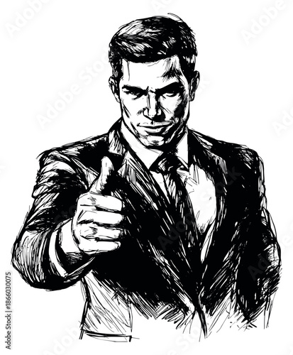 Hand drawn line art illustration of a businessman depicting a thumbs up gesture for success